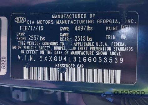 2016 Kia Optima Ex из США, поврежденный, VIN 5XXGU4L31GG053539